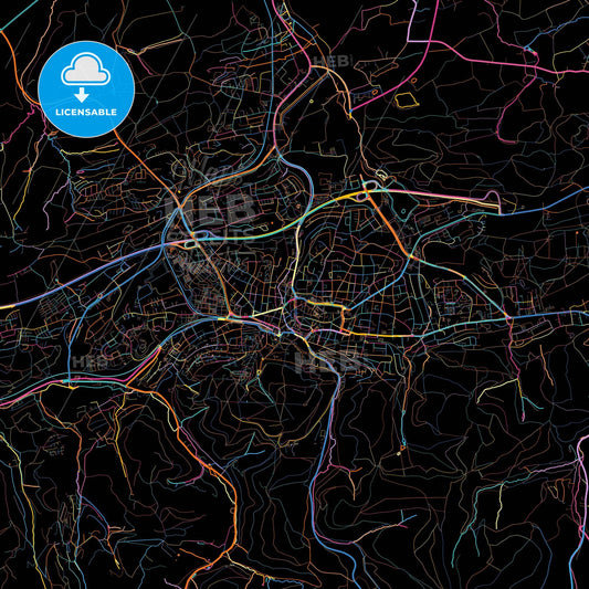 Iserlohn, North Rhine-Westphalia, Germany, colorful city map on black background