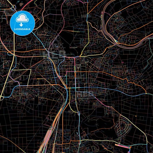 Ludwigsburg, Baden-Wuerttemberg, Germany, colorful city map on black background