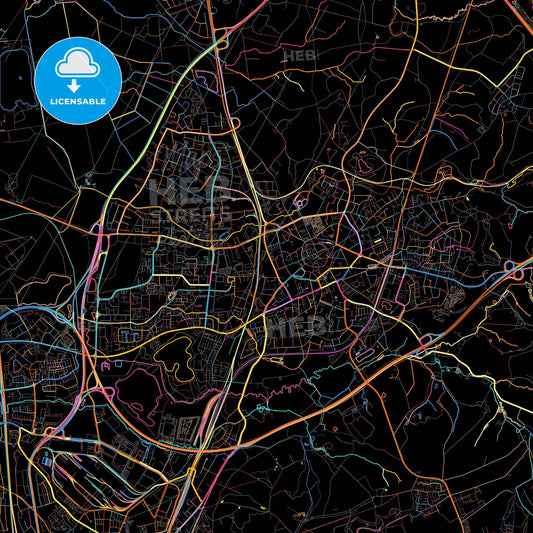 Ratingen, North Rhine-Westphalia, Germany, colorful city map on black background