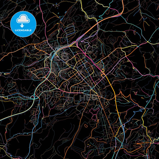 Velbert, North Rhine-Westphalia, Germany, colorful city map on black background
