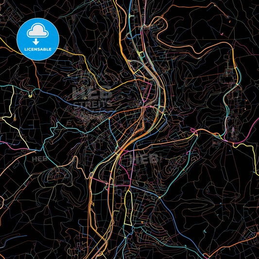 Marburg, Hesse, Germany, colorful city map on black background