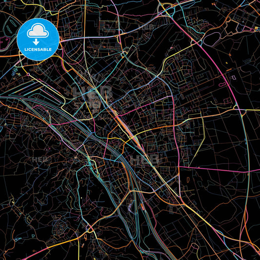 Bamberg, Bavaria, Germany, colorful city map on black background