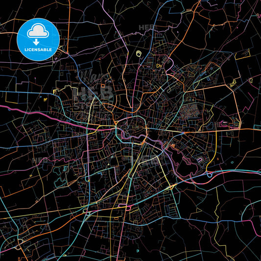 Bocholt, North Rhine-Westphalia, Germany, colorful city map on black background