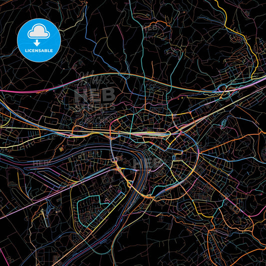 Aschaffenburg, Bavaria, Germany, colorful city map on black background