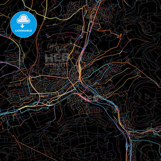 Aalen, Baden-Wuerttemberg, Germany, colorful city map on black background