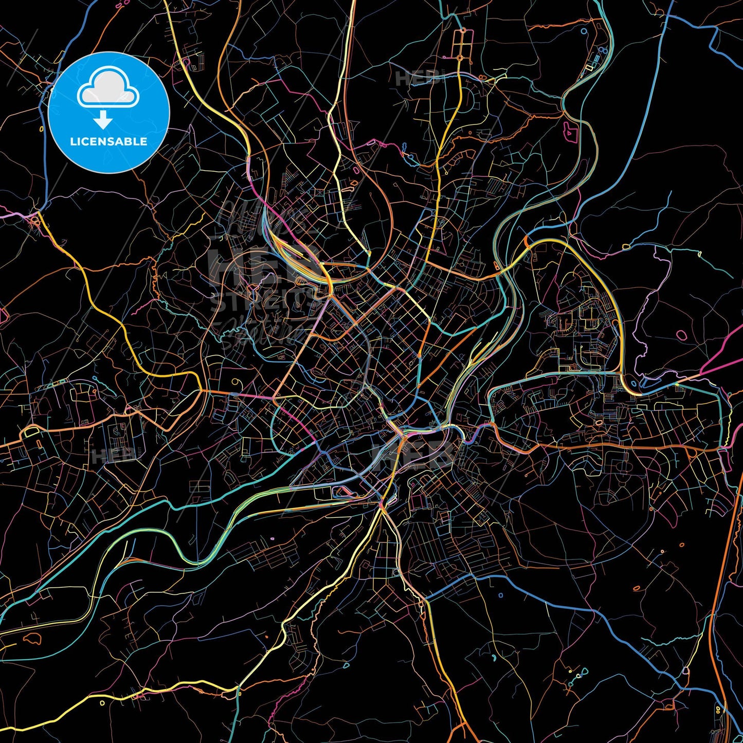 Plauen, Saxony, Germany, colorful city map on black background