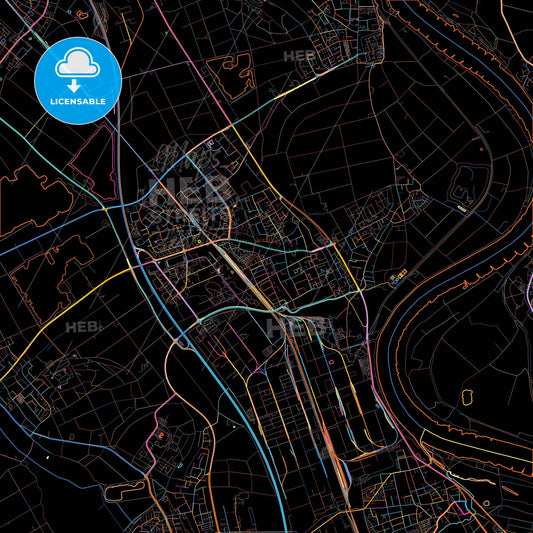Dormagen, North Rhine-Westphalia, Germany, colorful city map on black background