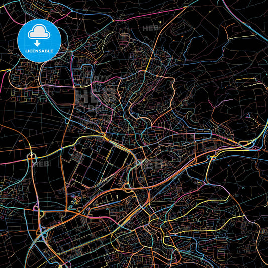 Sindelfingen, Baden-Wuerttemberg, Germany, colorful city map on black background