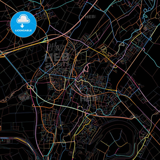 Grevenbroich, North Rhine-Westphalia, Germany, colorful city map on black background