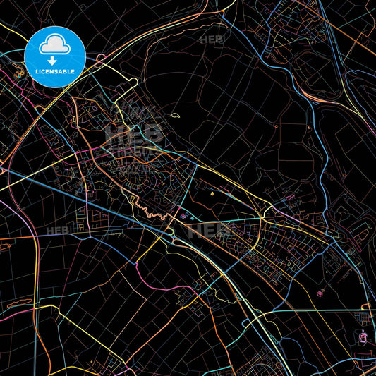 Bergheim, North Rhine-Westphalia, Germany, colorful city map on black background