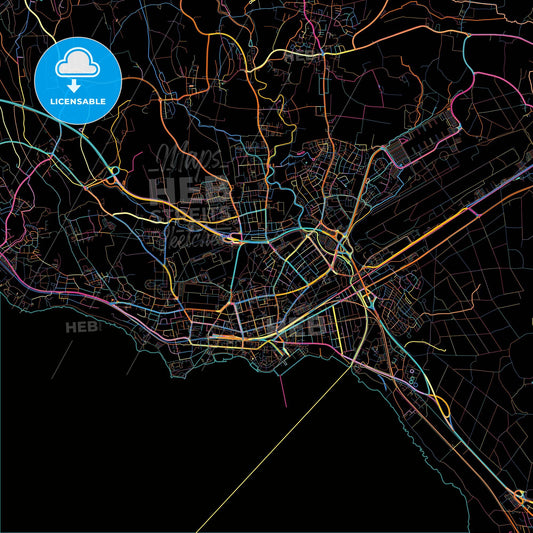 Friedrichshafen, Baden-Wuerttemberg, Germany, colorful city map on black background