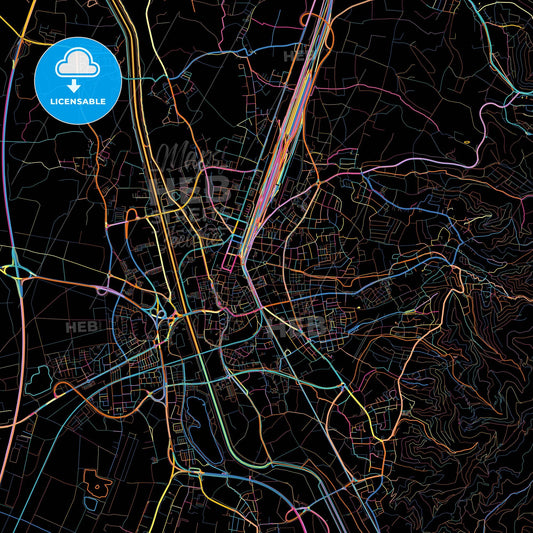Offenburg, Baden-Wuerttemberg, Germany, colorful city map on black background