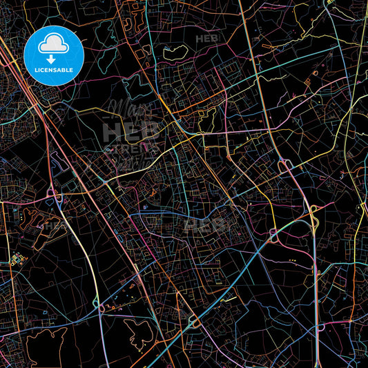 Langenfeld (Rheinland), North Rhine-Westphalia, Germany, colorful city map on black background