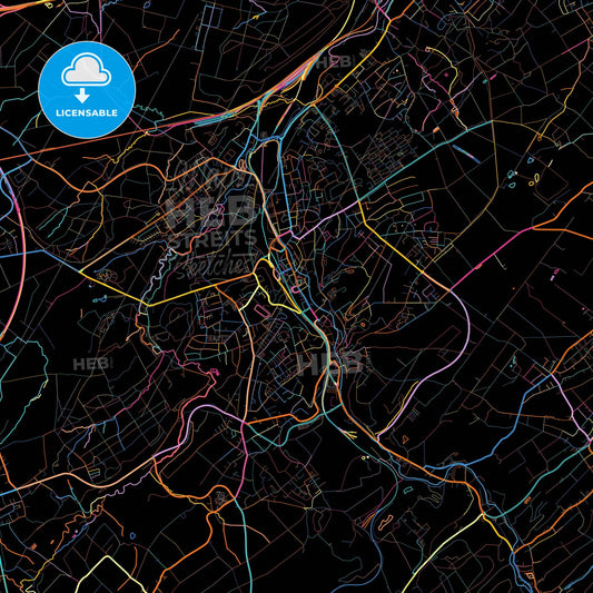 Stolberg (Rheinland), North Rhine-Westphalia, Germany, colorful city map on black background