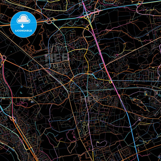 Hilden, North Rhine-Westphalia, Germany, colorful city map on black background