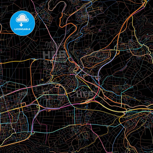 Waiblingen, Baden-Wuerttemberg, Germany, colorful city map on black background