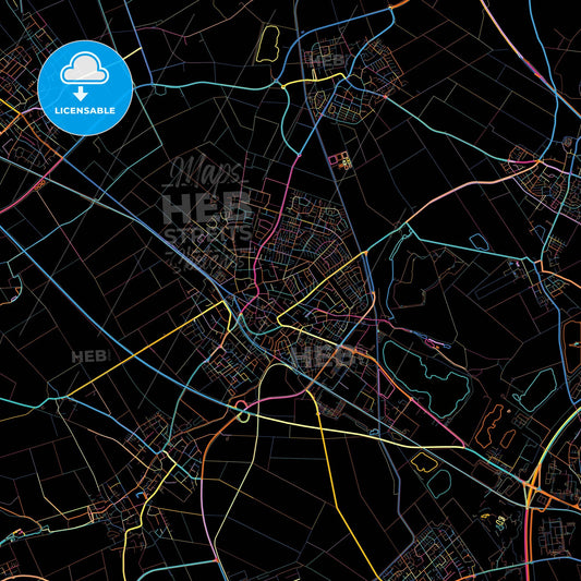 Pulheim, North Rhine-Westphalia, Germany, colorful city map on black background