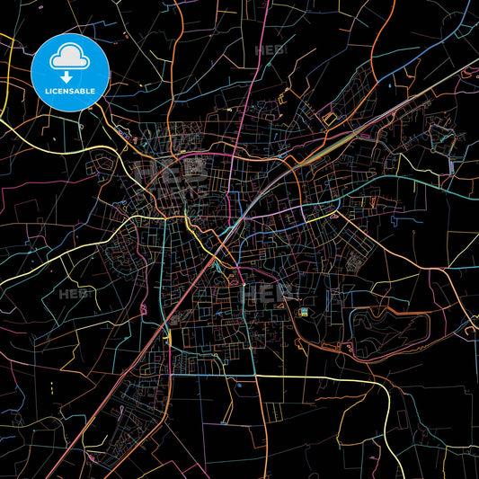 Ahlen, North Rhine-Westphalia, Germany, colorful city map on black background