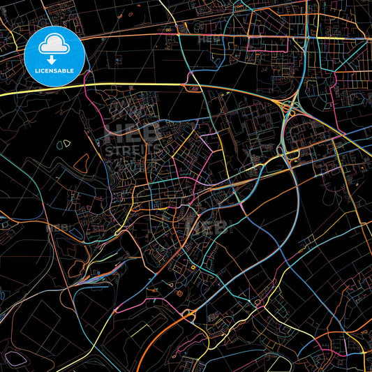 Frechen, North Rhine-Westphalia, Germany, colorful city map on black background