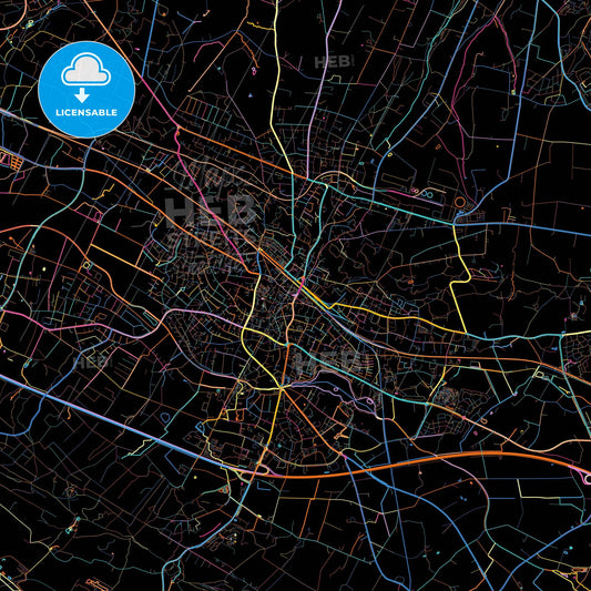 Ibbenburen, North Rhine-Westphalia, Germany, colorful city map on black background