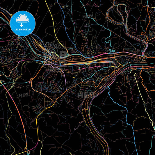 Passau, Bavaria, Germany, colorful city map on black background