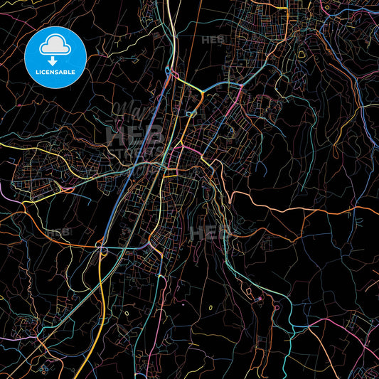 Ravensburg, Baden-Wuerttemberg, Germany, colorful city map on black background