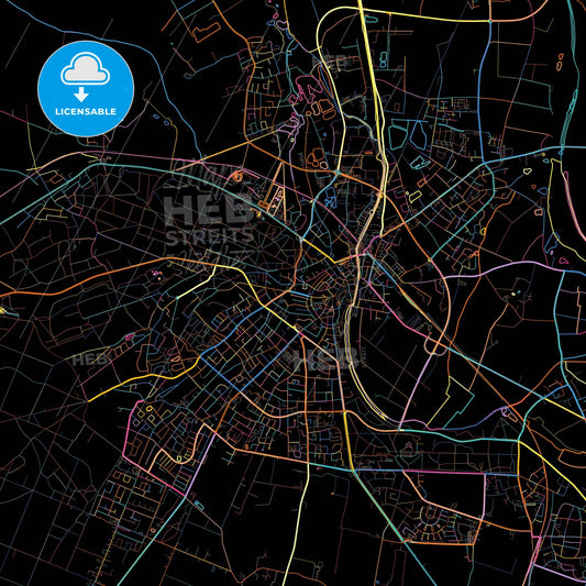 Kleve, North Rhine-Westphalia, Germany, colorful city map on black background