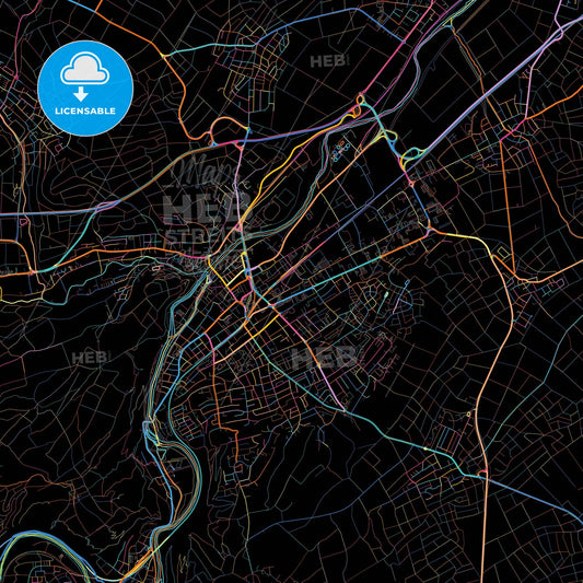 Bad Kreuznach, Rheinland-Pfalz, Germany, colorful city map on black background