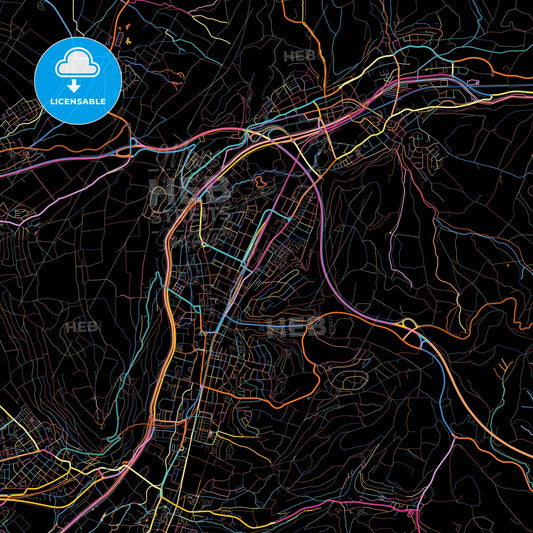 Lorrach, Baden-Wuerttemberg, Germany, colorful city map on black background