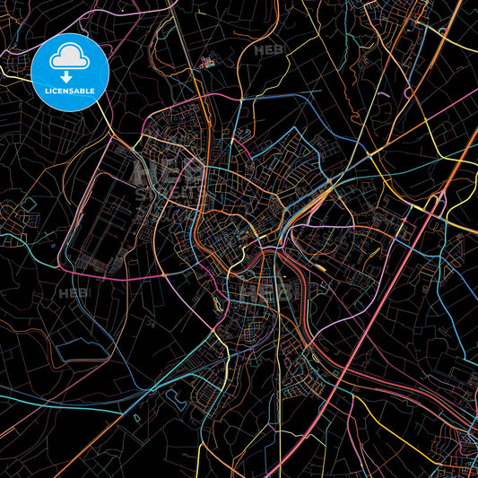 Rastatt, Baden-Wuerttemberg, Germany, colorful city map on black background
