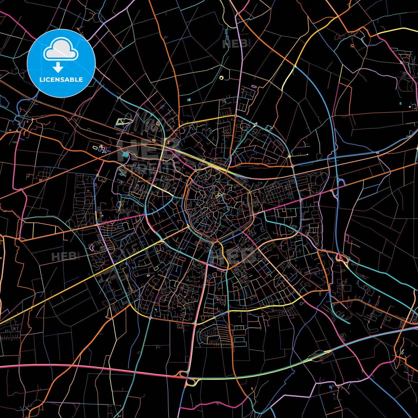 Soest, North Rhine-Westphalia, Germany, colorful city map on black background