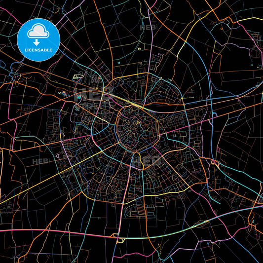 Soest, North Rhine-Westphalia, Germany, colorful city map on black background