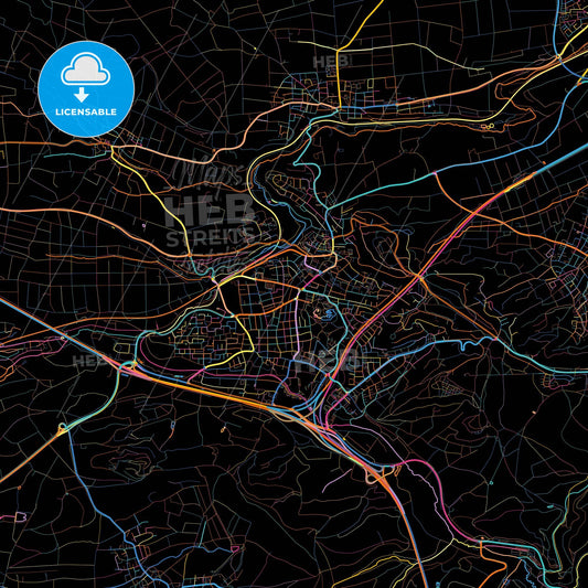 Leonberg, Baden-Wuerttemberg, Germany, colorful city map on black background