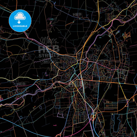 Dachau, Bavaria, Germany, colorful city map on black background