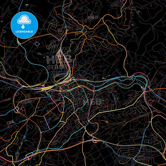 Neunkirchen, Saarland, Germany, colorful city map on black background