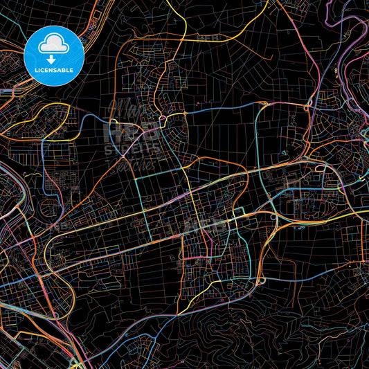 Fellbach, Baden-Wuerttemberg, Germany, colorful city map on black background