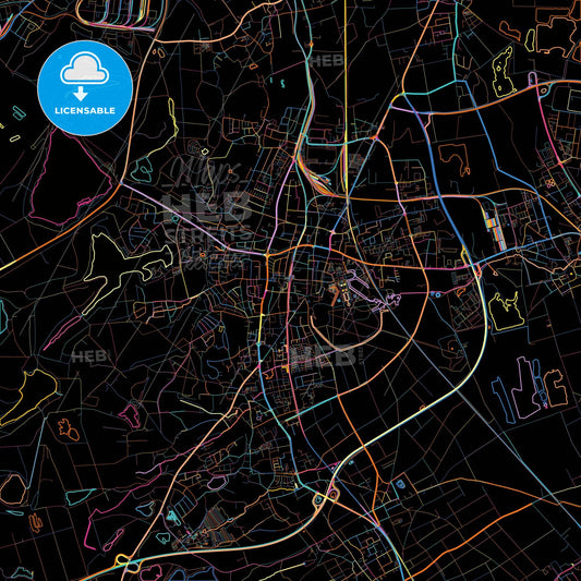 Bruhl, North Rhine-Westphalia, Germany, colorful city map on black background