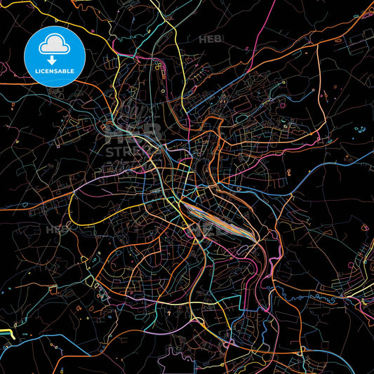 Hof, Bavaria, Germany, colorful city map on black background