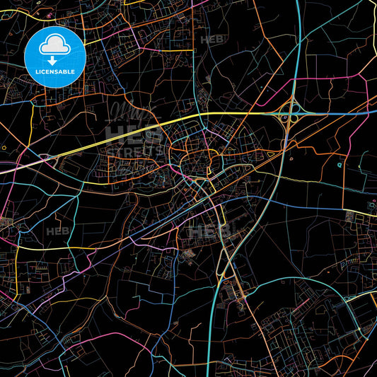 Kamen, North Rhine-Westphalia, Germany, colorful city map on black background