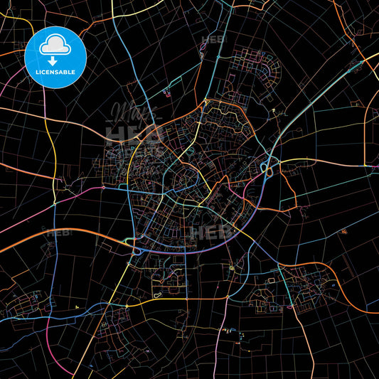 Erkelenz, North Rhine-Westphalia, Germany, colorful city map on black background