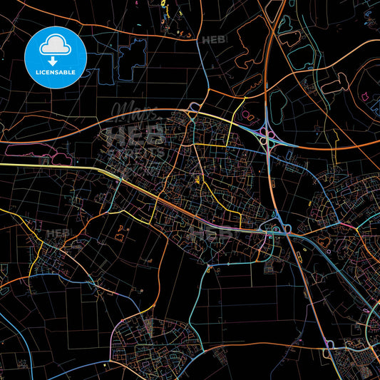 Kaarst, North Rhine-Westphalia, Germany, colorful city map on black background