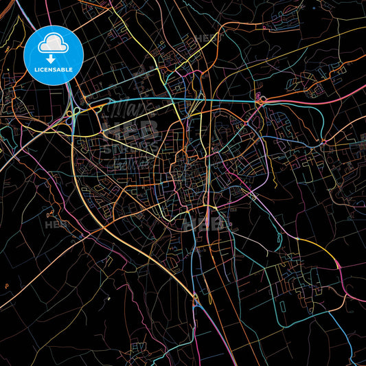 Memmingen, Bavaria, Germany, colorful city map on black background