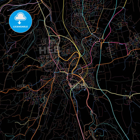 Kaufbeuren, Bavaria, Germany, colorful city map on black background