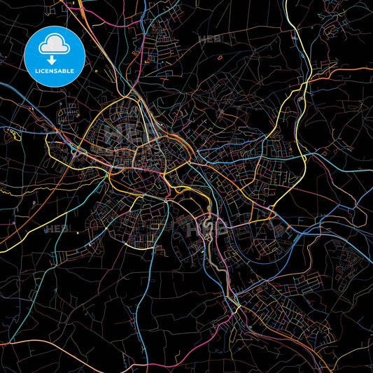 Amberg, Bavaria, Germany, colorful city map on black background