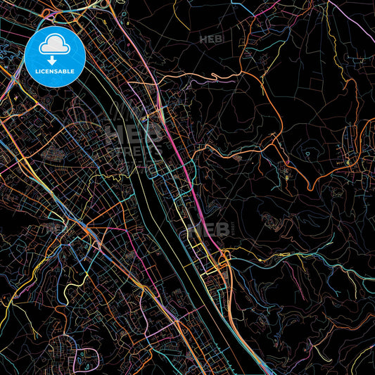 Konigswinter, North Rhine-Westphalia, Germany, colorful city map on black background