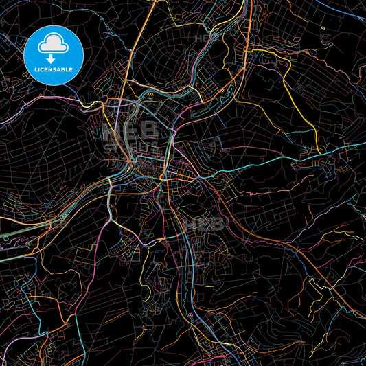 Nurtingen, Baden-Wuerttemberg, Germany, colorful city map on black background