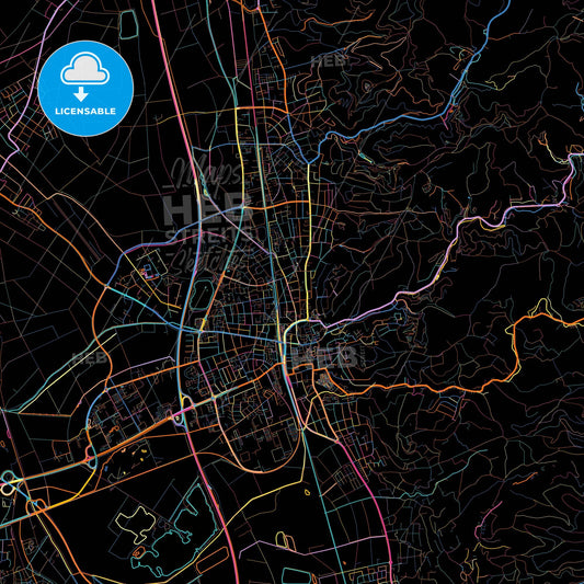 Bensheim, Hesse, Germany, colorful city map on black background