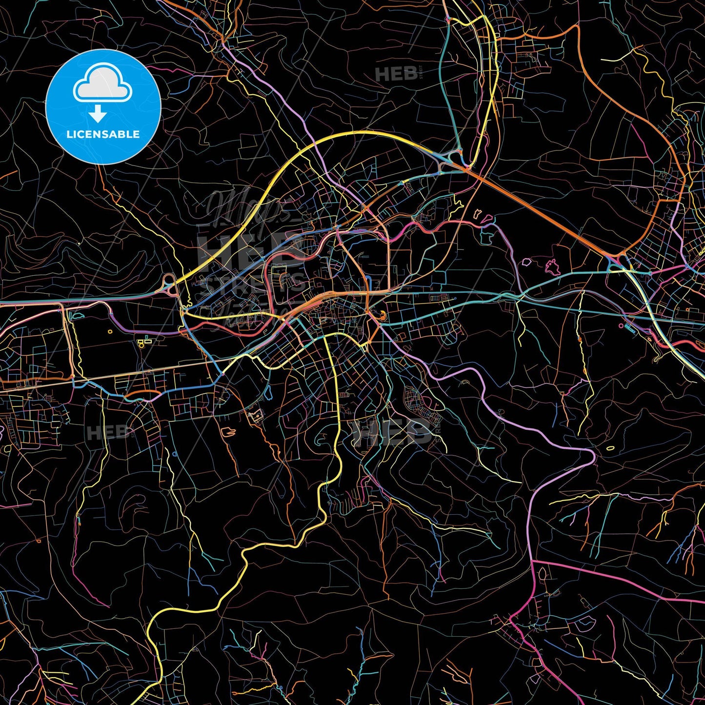 Schorndorf, Baden-Wuerttemberg, Germany, colorful city map on black background