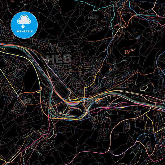 Volklingen, Saarland, Germany, colorful city map on black background