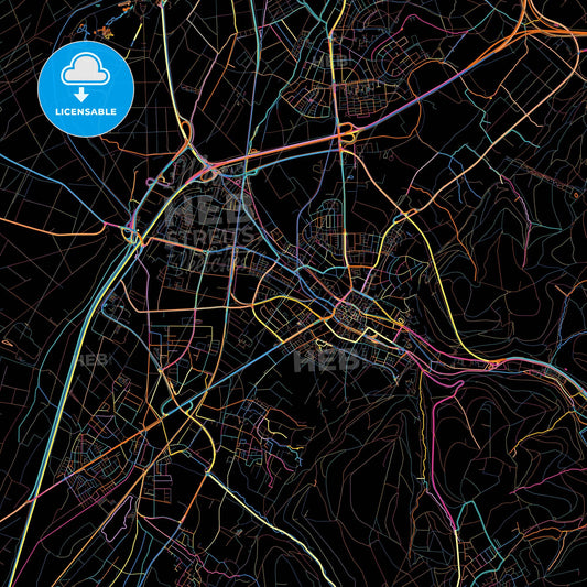 Ettlingen, Baden-Wuerttemberg, Germany, colorful city map on black background